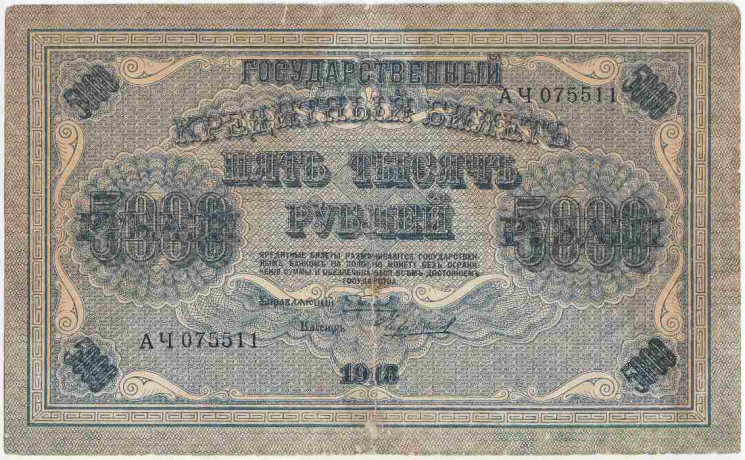 Банкнота. РСФСР. 5000 рублей 1918 год. (Пятаков - Чихиржин), в/з горизонтально. Тип 96а(9).