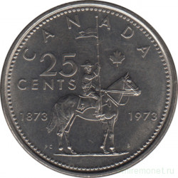 Монета. Канада. 25 центов 1973 год. 100 лет конной полиции Канады.