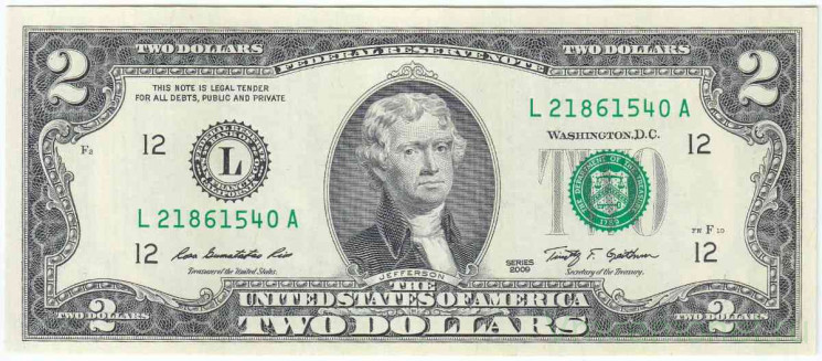 Банкнота. США. 2 доллара 2009 год. Серия L. Тип 530А.