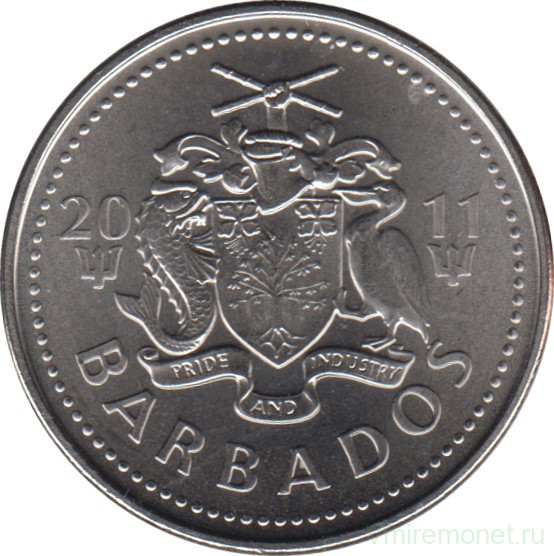 Монета. Барбадос. 25 центов 2011 год.