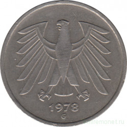 Монета. ФРГ. 5 марок 1978 год. Монетный двор - Карлсруэ (G).