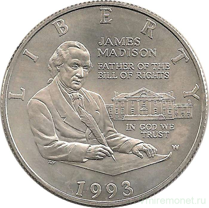 Монета. США. 50 центов 1993 год (W). Джеймс Мэдисон, билль о правах. 