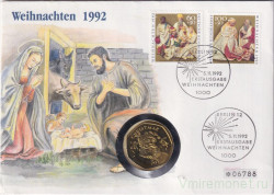 Монета. Гибралтар. 50 пенсов 1992 год. Рождество. В конверте.