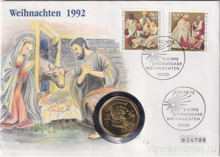 Монета. Гибралтар. 50 пенсов 1992 год. Рождество. В конверте.