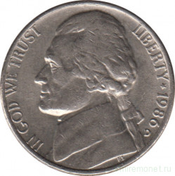 Монета. США. 5 центов 1986 год.  Монетный двор D.
