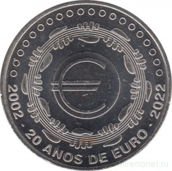 Монета. Португалия. 5 евро 2022 год. 20 лет Евро. Медно-никелевый сплав.