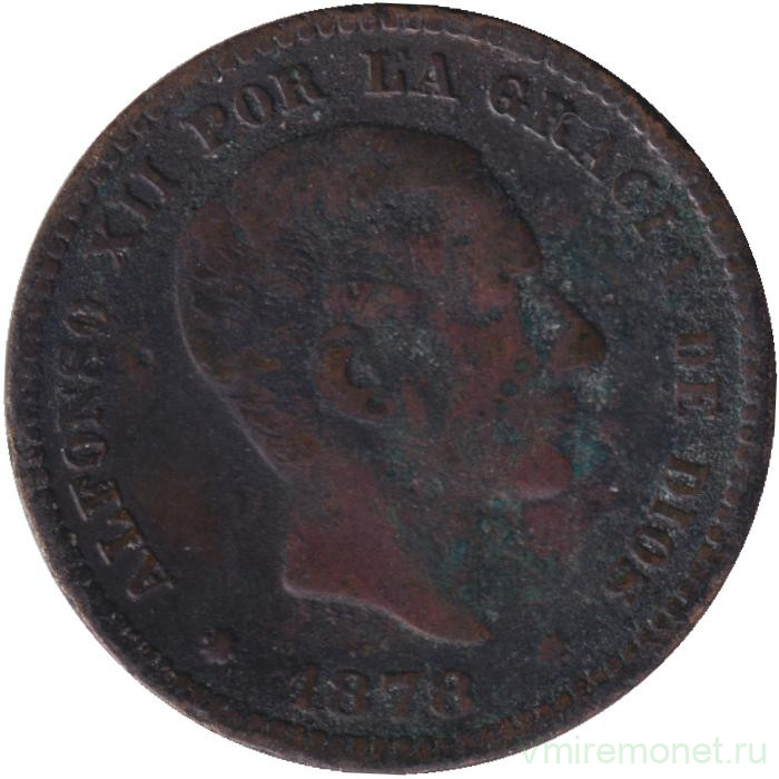 Монета. Испания. 5 сентимо 1878 год. Монета. Испания. 5 сентимо 1878 год.