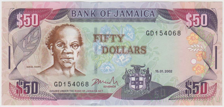 Банкнота. Ямайка. 50 долларов 2002 год. Тип 79c.