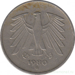 Монета. ФРГ. 5 марок 1980 год. Монетный двор - Карлсруэ (G).