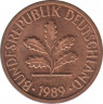  Монета. ФРГ. 1 пфенниг 1989 год. Монетный двор - Гамбург (J). ав.