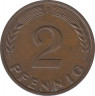  Монета. ФРГ. 2 пфеннига 1968 год. Монетный двор - Штутгарт (F). Сталь с медным покрытием. рев.
