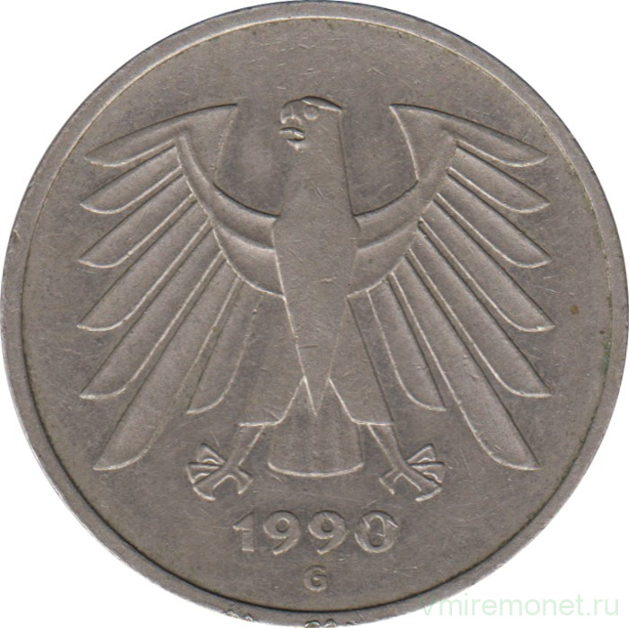 Монета. ФРГ. 5 марок 1990 год. Монетный двор - Карлсруэ (G).