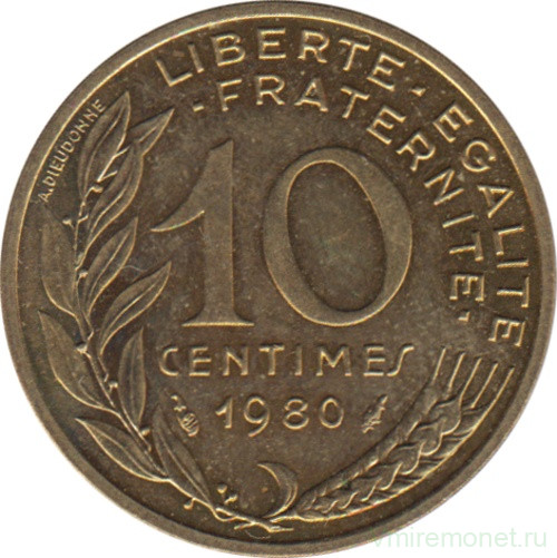 Монета. Франция. 10 сантимов 1980 год.
