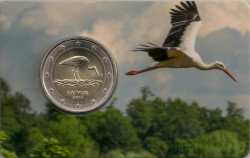 Монета. Латвия. 2 евро 2015 год. Чёрный аист. Блистер, коинкарта.