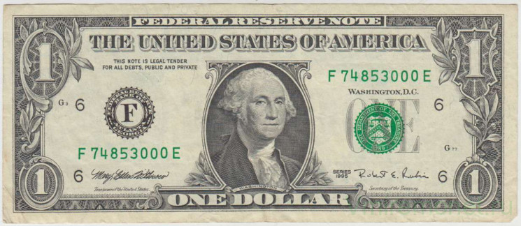 Банкнота. США. 1 доллар 1995 год. Серия F. Тип 496а.