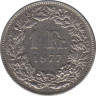  Монета. Швейцария. 1 франк 1977 год. ав.