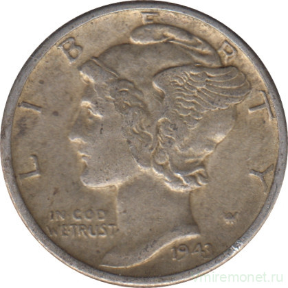 Монета. США. 10 центов 1943 год. Монетный двор D.