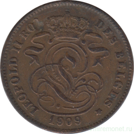 Монета. Бельгия. 2 сантима 1909 год. Des Belges.