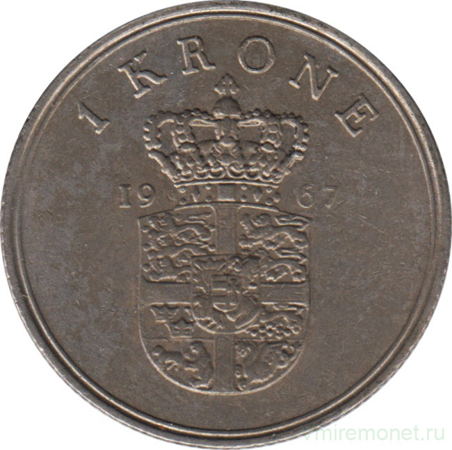 Монета. Дания. 1 крона 1967 год.