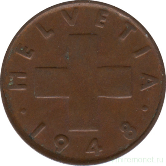 Монета. Швейцария. 2 раппена 1948 год.