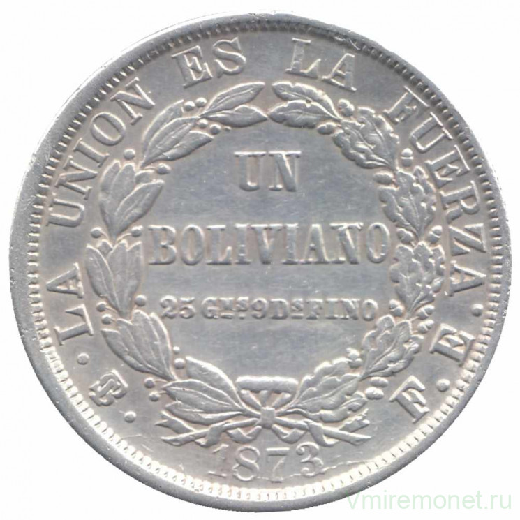 Монета. Боливия. 1 боливиано 1873 год.