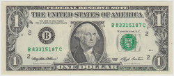 Банкнота. США. 1 доллар 1993 год. Серия B.