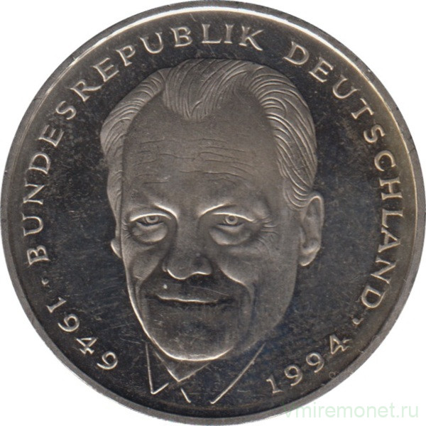 Монета. ФРГ. 2 марки 1994 год. Вилли Брандт. Монетный двор - Берлин (A).