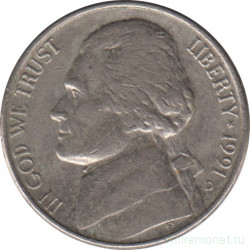 Монета. США. 5 центов 1991 год.  Монетный двор D.
