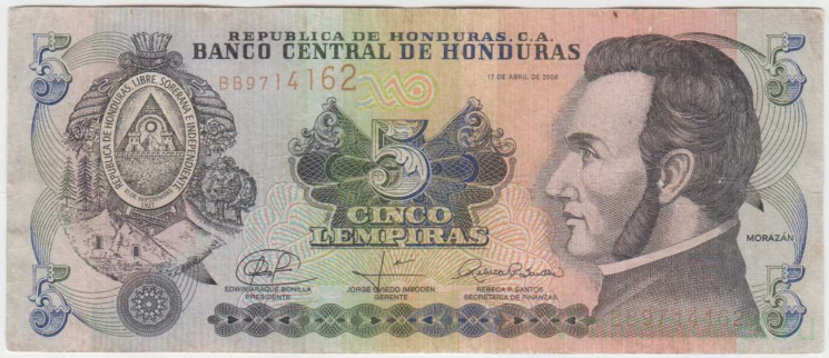 Банкнота. Гондурас. 5 лемпир 2008 год. Тип 91b.