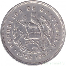 Монета. Гватемала. 25 сентаво 1952 год.