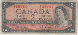 Банкнота. Канада. 2 доллара 1954 год. Тип 76b.