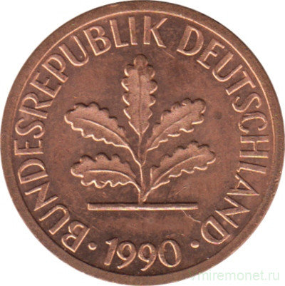 Монета. ФРГ. 1 пфенниг 1990 год. Монетный двор - Гамбург (J).