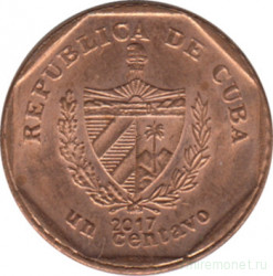 Монета. Куба. 1 сентаво 2017 год (конвертируемый песо). Сталь с медным покрытием.