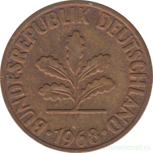 Монета. ФРГ. 2 пфеннига 1968 год. Монетный двор - Карлсруэ (G). Сталь с медным покрытием.