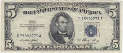 Банкнота. США. 5 долларов 1953 год. Серия С. Тип 417. (Серебряный сертификат)