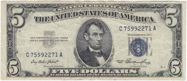 Банкнота. США. 5 долларов 1953 год. Серия С. Тип 417. (Серебряный сертификат)