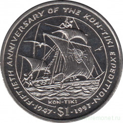 Монета. Либерия. 1 доллар 1997  год. 50 лет экспедиции Кон-Тики.
