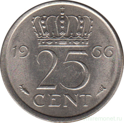 Монета. Нидерланды. 25 центов 1966 год.