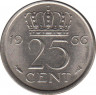 Монета. Нидерланды. 25 центов 1966 год. ав.