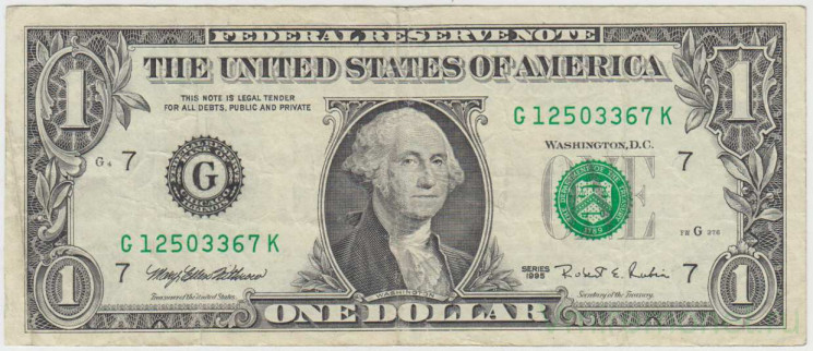 Банкнота. США. 1 доллар 1995 год. G. Тип 496а.