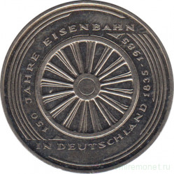 Монета. ФРГ. 5 марок 1985 год. 150 лет железной дороге Германии.