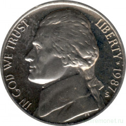 Монета. США. 5 центов 1987 год. Монетный двор S.