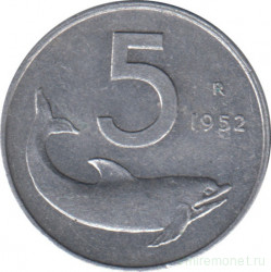 Монета. Италия. 5 лир 1952 год.