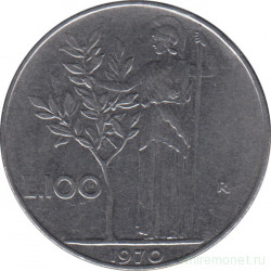 Монета. Италия. 100 лир 1970 год.