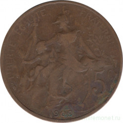 Монета. Франция. 5 сантимов 1909 год.