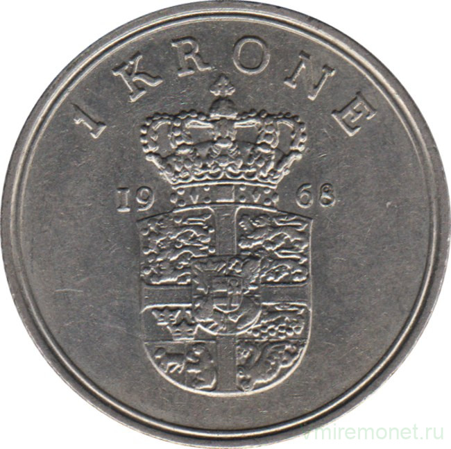 Монета. Дания. 1 крона 1968 год.