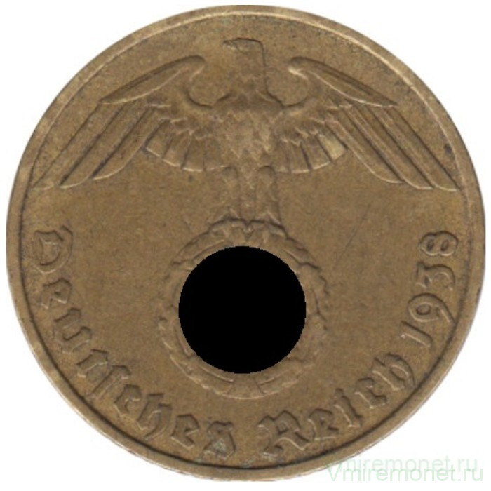 Монета. Германия. Третий Рейх. 5 рейхспфеннигов 1938 год. Монетный двор - Карлсруэ (G).