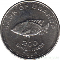 Монета. Уганда. 200 шиллингов 2008 год. Сталь покрытая никелем.