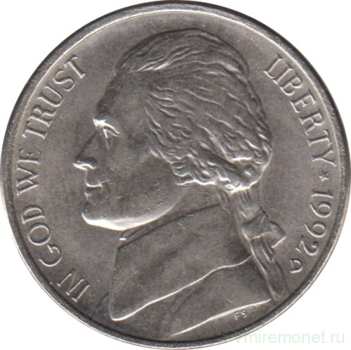 Монета. США. 5 центов 1992 год.  Монетный двор D.