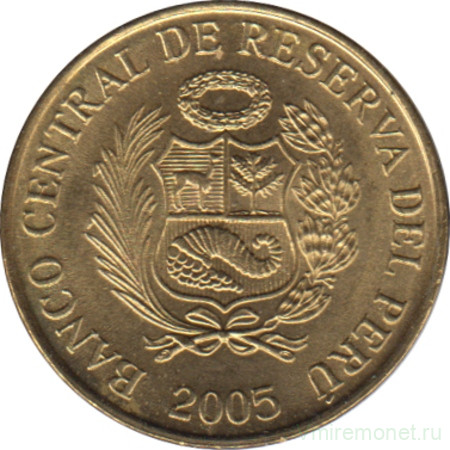 Монета. Перу. 1 сентимо 2005 год. Латунь.